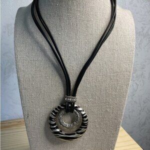 Black Corded Necklace Silver Tone Zebra Printed Pendant Clear Rhinestones